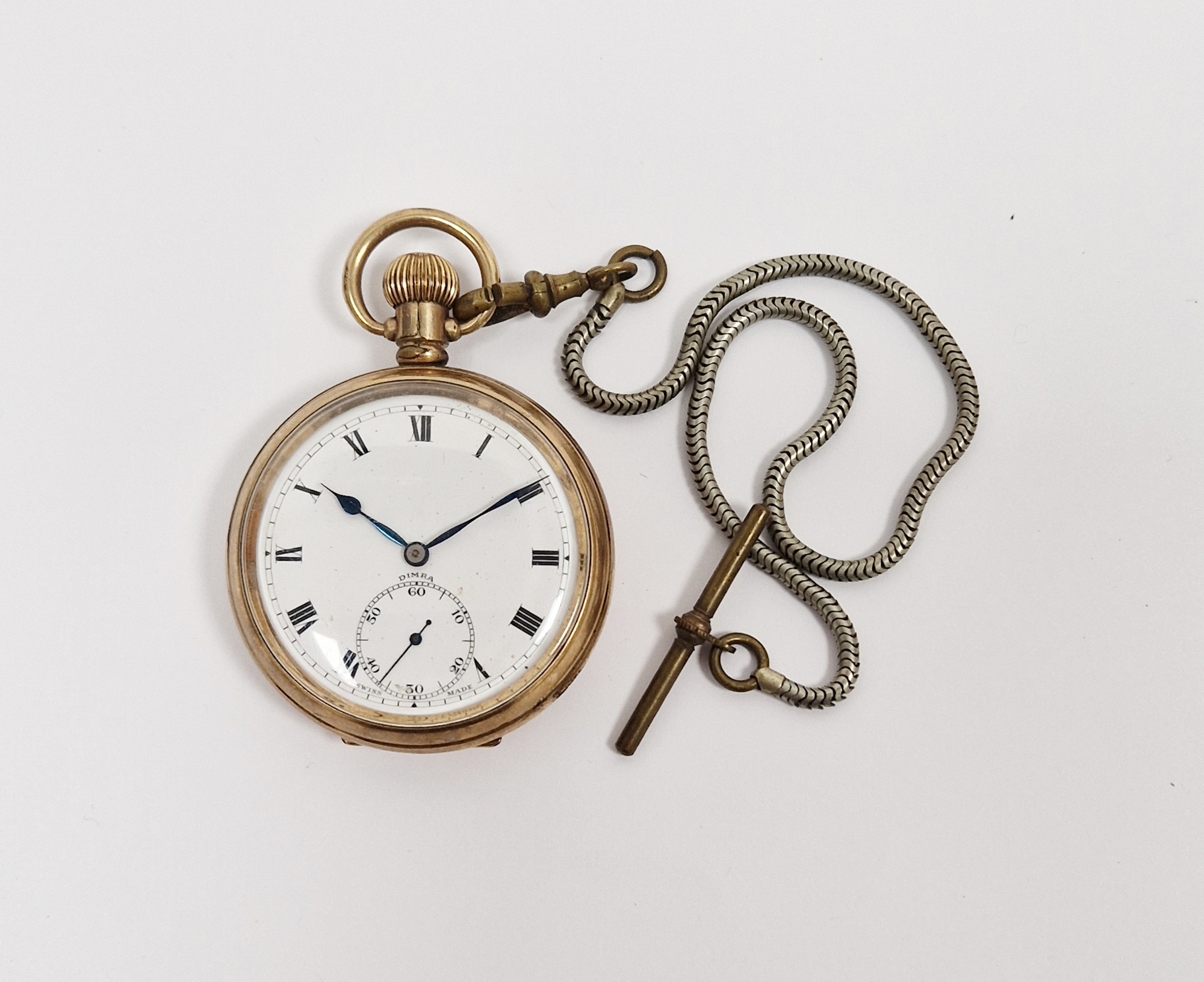 Early 20th century open-faced pocket watch by Dimra, the enamelled dial with Roman numerals denoting