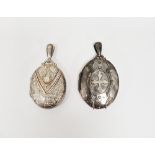 Victorian silver locket, oval and engraved and another similar with cross design to the front