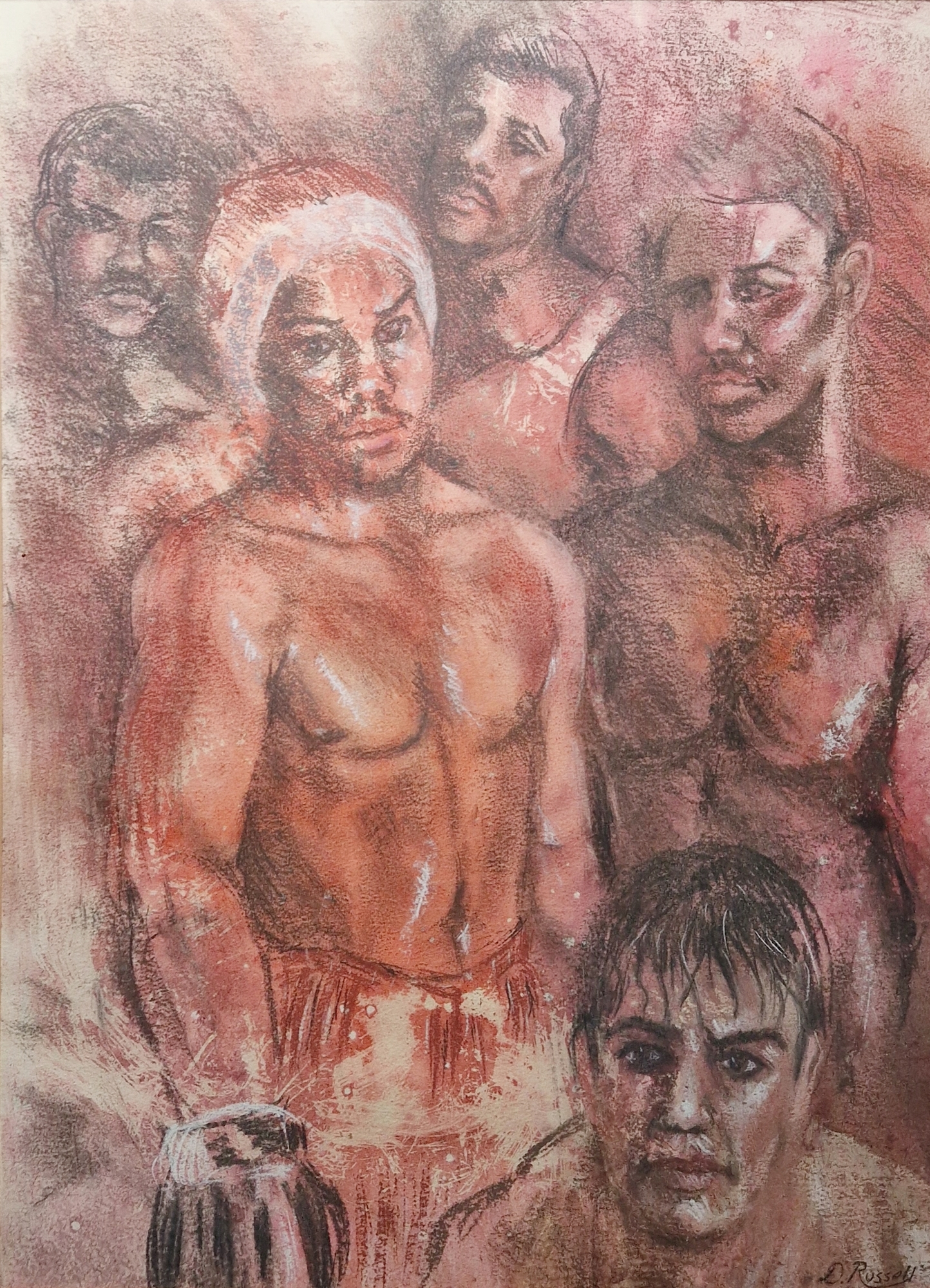 Derrick Russell (20th century) Mixed media Portrait of boxers, signed lower right, framed and