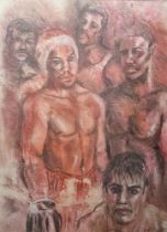 Derrick Russell (20th century) Mixed media Portrait of boxers, signed lower right, framed and