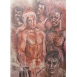 Derrick Russell (20th century) Mixed media Portrait of boxers, signed lower right, framed and