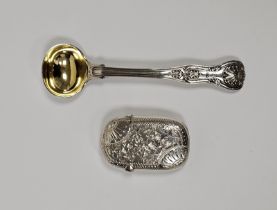 Victorian silver and parcel-gilt mustard spoon, kings pattern, crested, London 1864 and a late