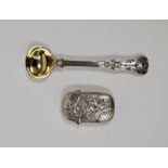 Victorian silver and parcel-gilt mustard spoon, kings pattern, crested, London 1864 and a late