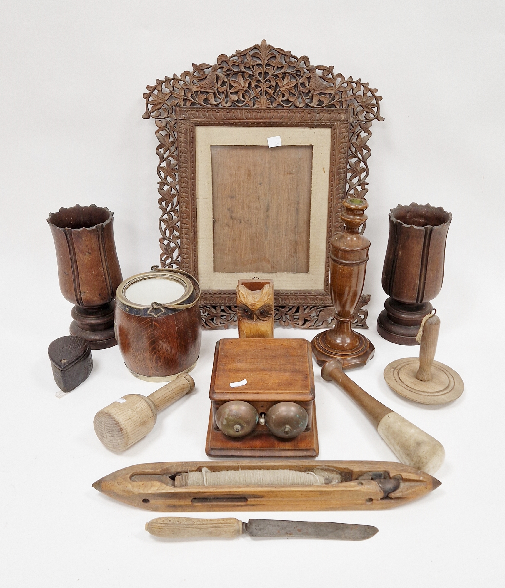Assorted collectables to include a mortar, a pair of carved wooden vases, a wall-mounted bell, a - Image 2 of 2