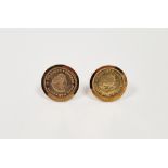 Pair of gold-coloured cufflinks, each set with a South Africa one rand gold coin