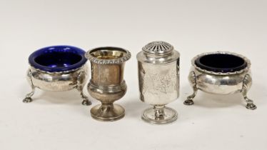 Pair of George II silver circular salts, makers mark rubbed, probably London 1743, with crimped