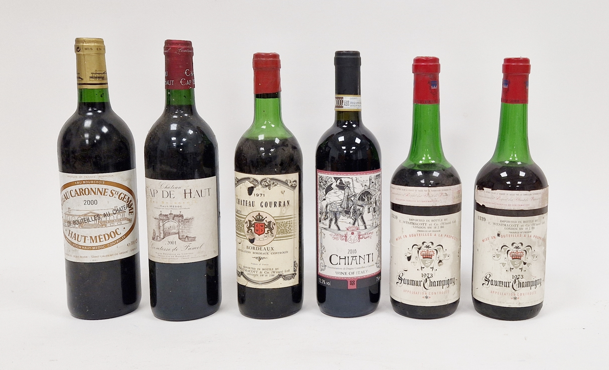 Six bottles of assorted red wine to include 2016 Chianti, 1971 Chateau Courran, two 1973 Saumur