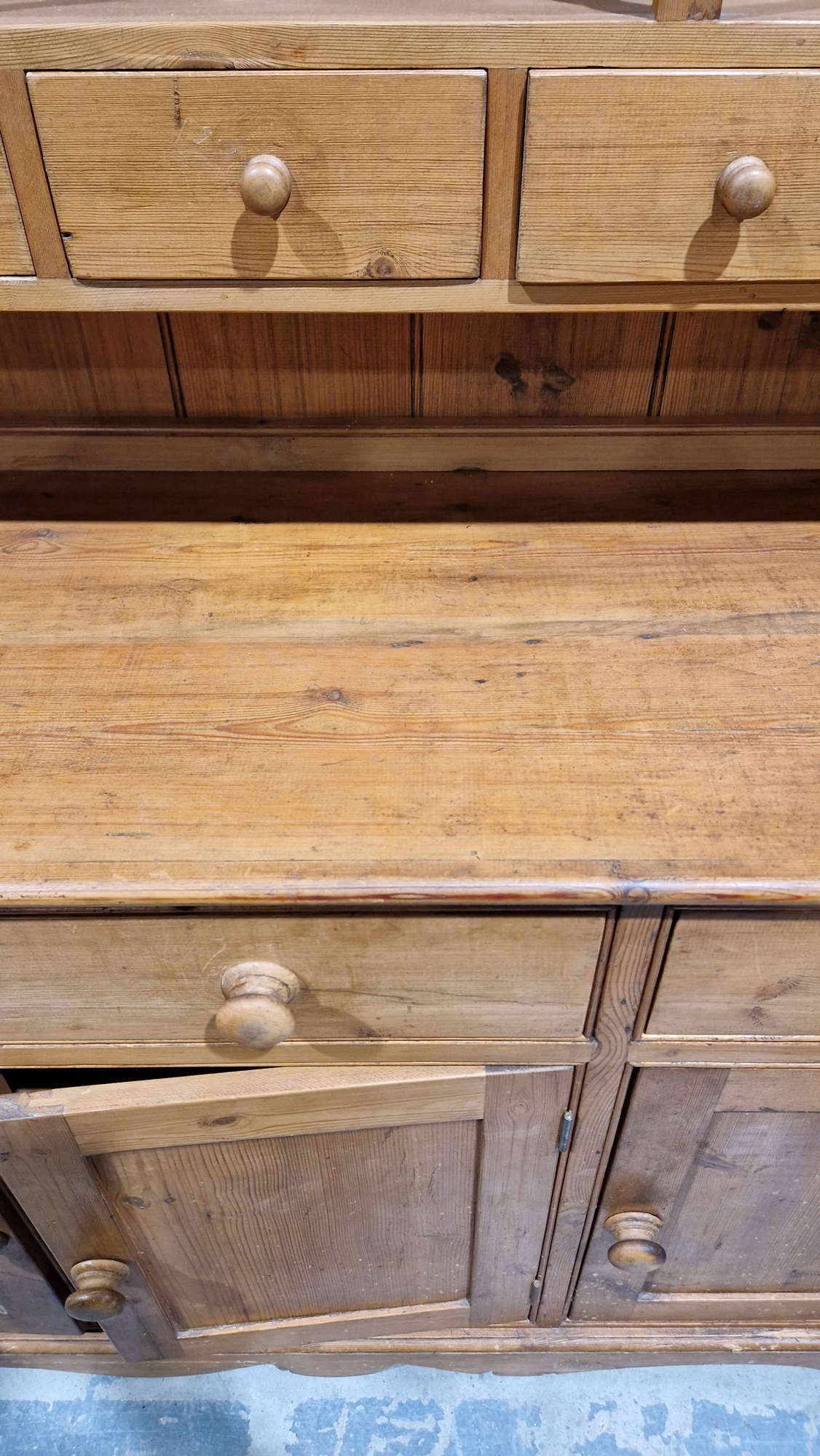 19th century pine kitchen dresser, the top section with two plateracks and five short drawers, the - Image 10 of 17