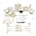 Elkington & Co silver plated three-piece cruet set on stand and a selection of other silver plated