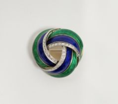 18ct gold, diamond and enamel twist brooch having bands of blue and emerald green enamel, with three