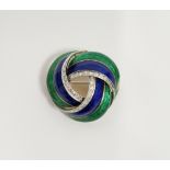 18ct gold, diamond and enamel twist brooch having bands of blue and emerald green enamel, with three