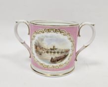 19th century Grainger's Worcester pink-ground two-handled topographical loving cup, printed black
