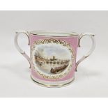 19th century Grainger's Worcester pink-ground two-handled topographical loving cup, printed black