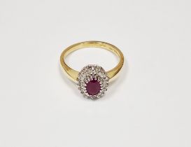 18ct gold, red stone and diamond cluster dress ring  Condition Report Good overall condition.