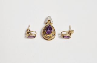 9ct gold, amethyst, diamond and blue stone pendant, the pear-shaped amethyst with blue stone set