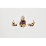 9ct gold, amethyst, diamond and blue stone pendant, the pear-shaped amethyst with blue stone set