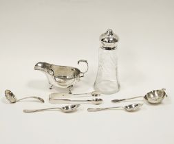 Silver sauce boat, Birmingham 1969, a pair of Victorian fiddle pattern sugar tongs, a silver tea