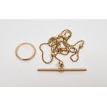 Gold-coloured metal fine chain and ball pattern albert with T-bar and swivel, 6.8g approx. and an