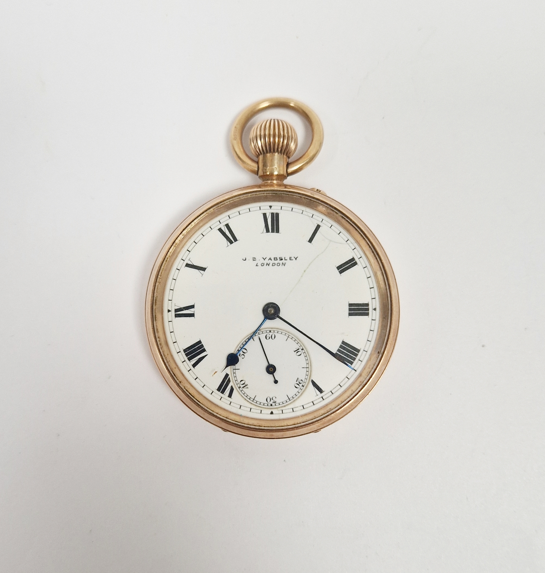 Early 20th century 9ct rose gold open faced pocket watch by J B Yabsley, the enamel dial having