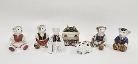 Five Royal Crown Derby bone china Imari teddy bear paperweights, a bank vole and a model of Govier's
