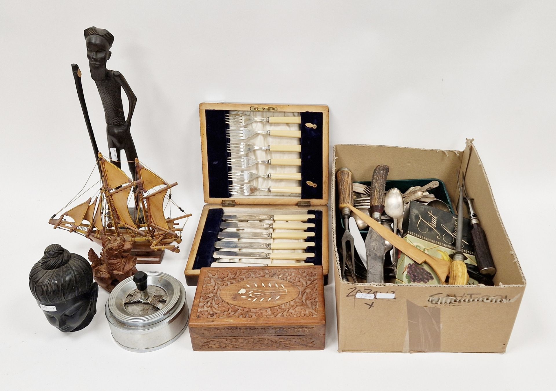 Various antler-handled carvers, a leather and wood carved model of a sailing ship, assorted silver - Image 2 of 2
