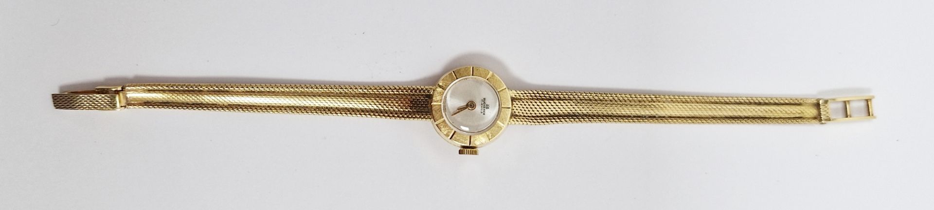 Bucherer lady’s 18ct gold wristwatch, the circular dial with engine-turned border, on woven mesh - Image 2 of 2