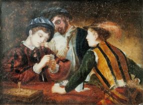 19th Century School, The Cardsharps, after Caravaggio, watercolour on ivory, within gilt-metal