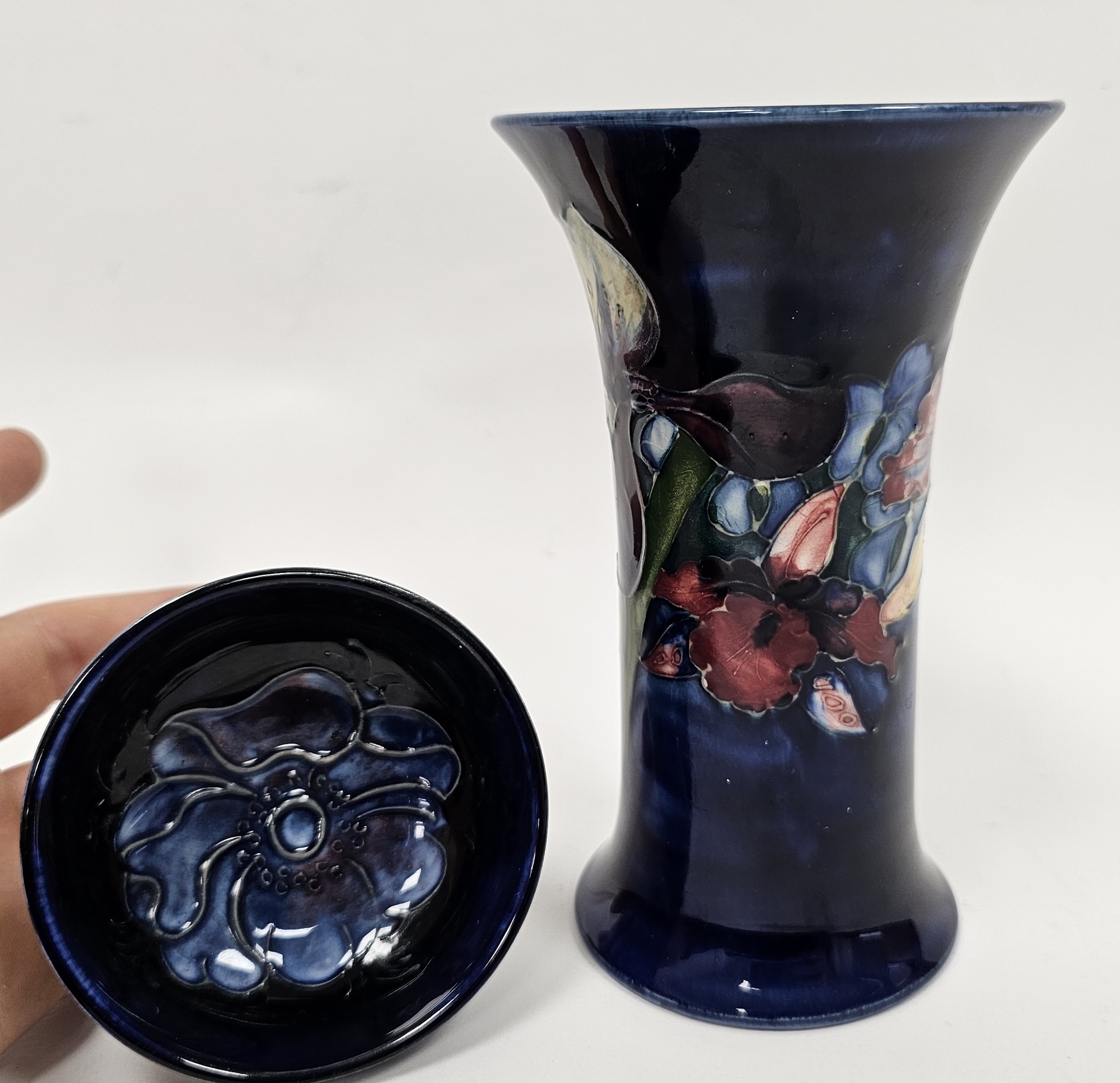 Moorcroft blue-ground Iris pattern flared cylindrical vase and a small blue trinket dish, printed - Image 2 of 4