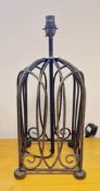 Contemporary bronzed wrought-iron style cagework table lamp, with scroll square section, cage and