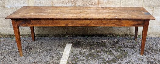 Antique oak plank-top dining table of rectangular form, on squared legs, 73cm high x 235cm long x
