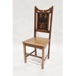 Late 19th/early 20th century oak Art Nouveau chair with hammered Art Nouveau brass panel to the
