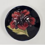 Moorcroft blue ground small circular dish in the Hibiscus pattern, marks below Potters to the Late