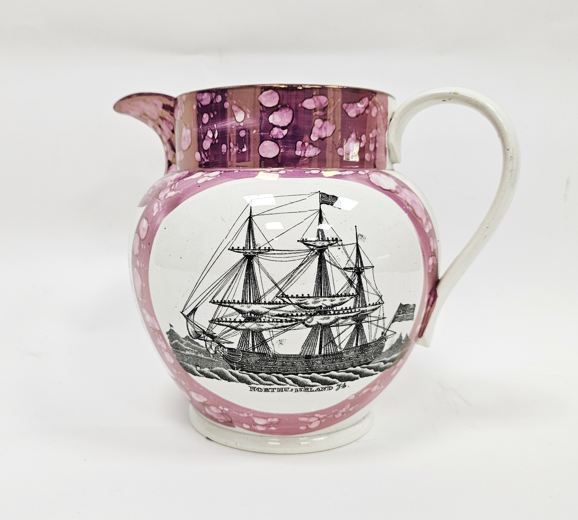 Sunderland pearlware lustre jug, early 19th century, printed with a ship titled 'Northumberland