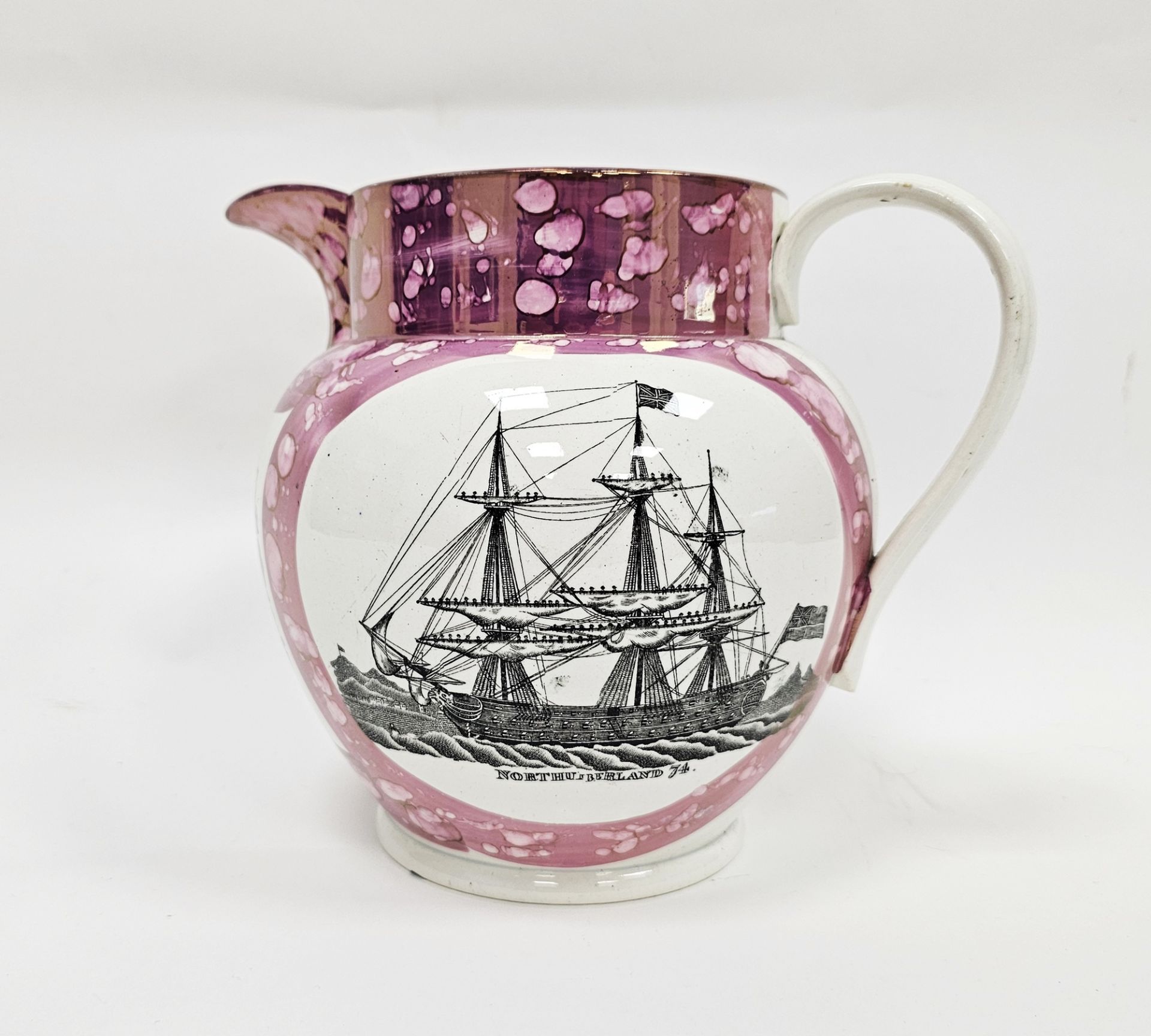 Sunderland pearlware lustre jug, early 19th century, printed with a ship titled 'Northumberland