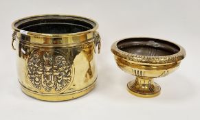 Edwardian embossed brass coal scuttle of cylindrical form, decorated with a mantled armorial, with