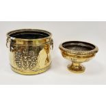 Edwardian embossed brass coal scuttle of cylindrical form, decorated with a mantled armorial, with