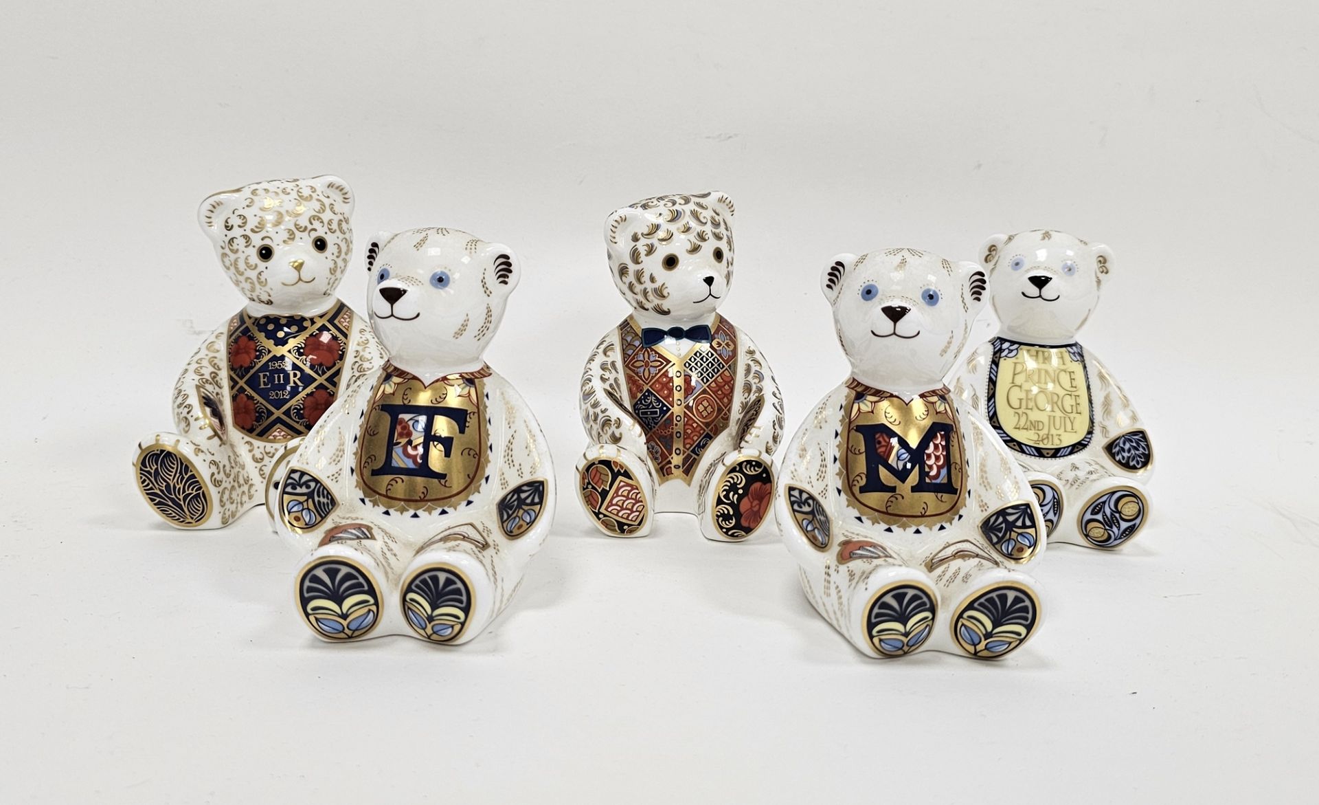 Five Royal Crown Derby bone china paperweights modelled as teddy bears, including The HRH Prince