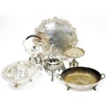 Collection of plated ware, including tea kettle, salver, spirit kettle stand, bon bon dish raised on