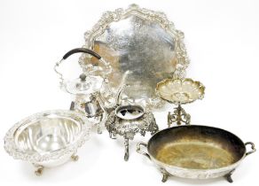 Collection of plated ware, including tea kettle, salver, spirit kettle stand, bon bon dish raised on