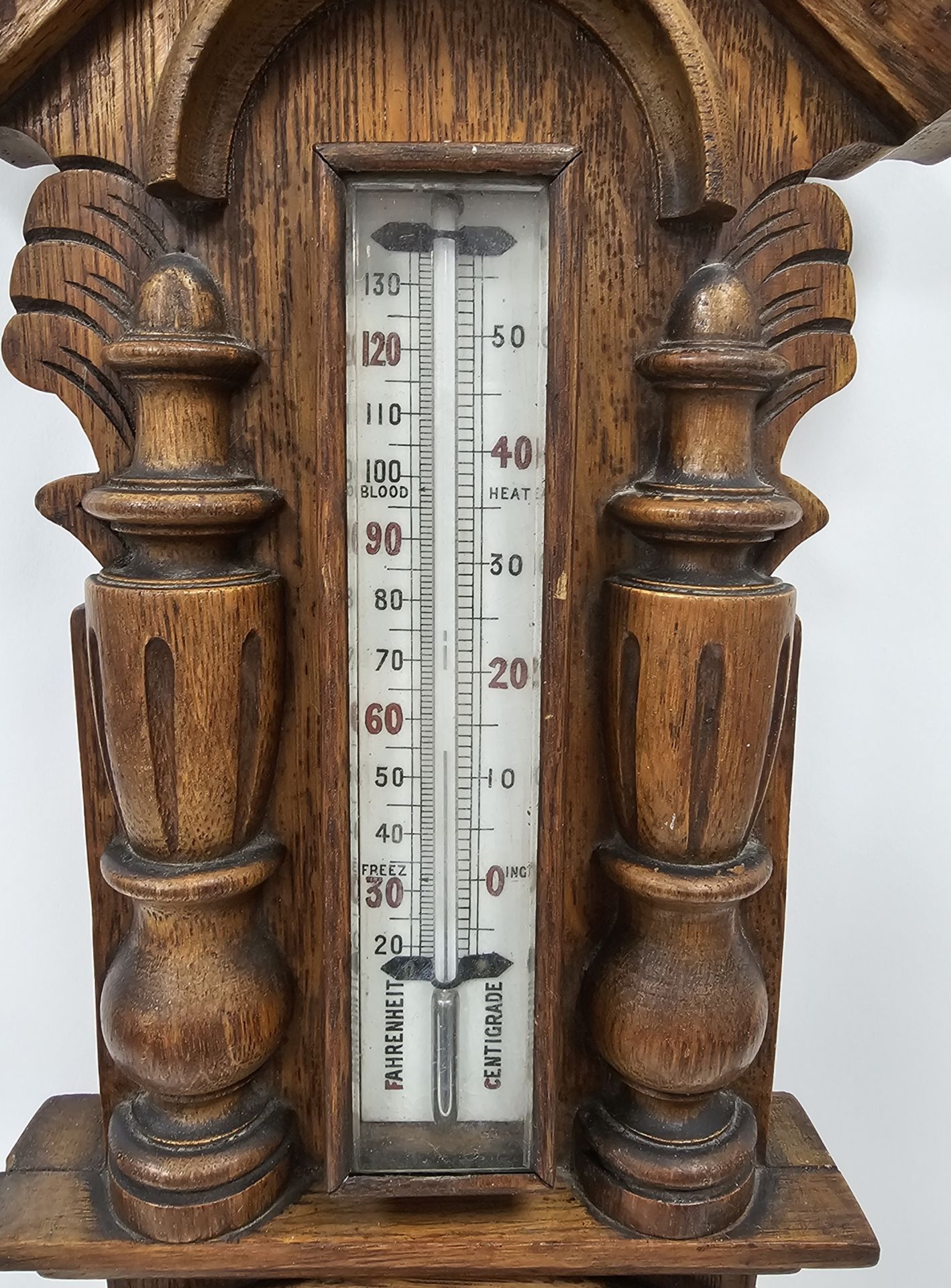 19th century oak cased elaborately carved banjo barometer marked 'Aneroid Barometer, Made in - Image 3 of 4