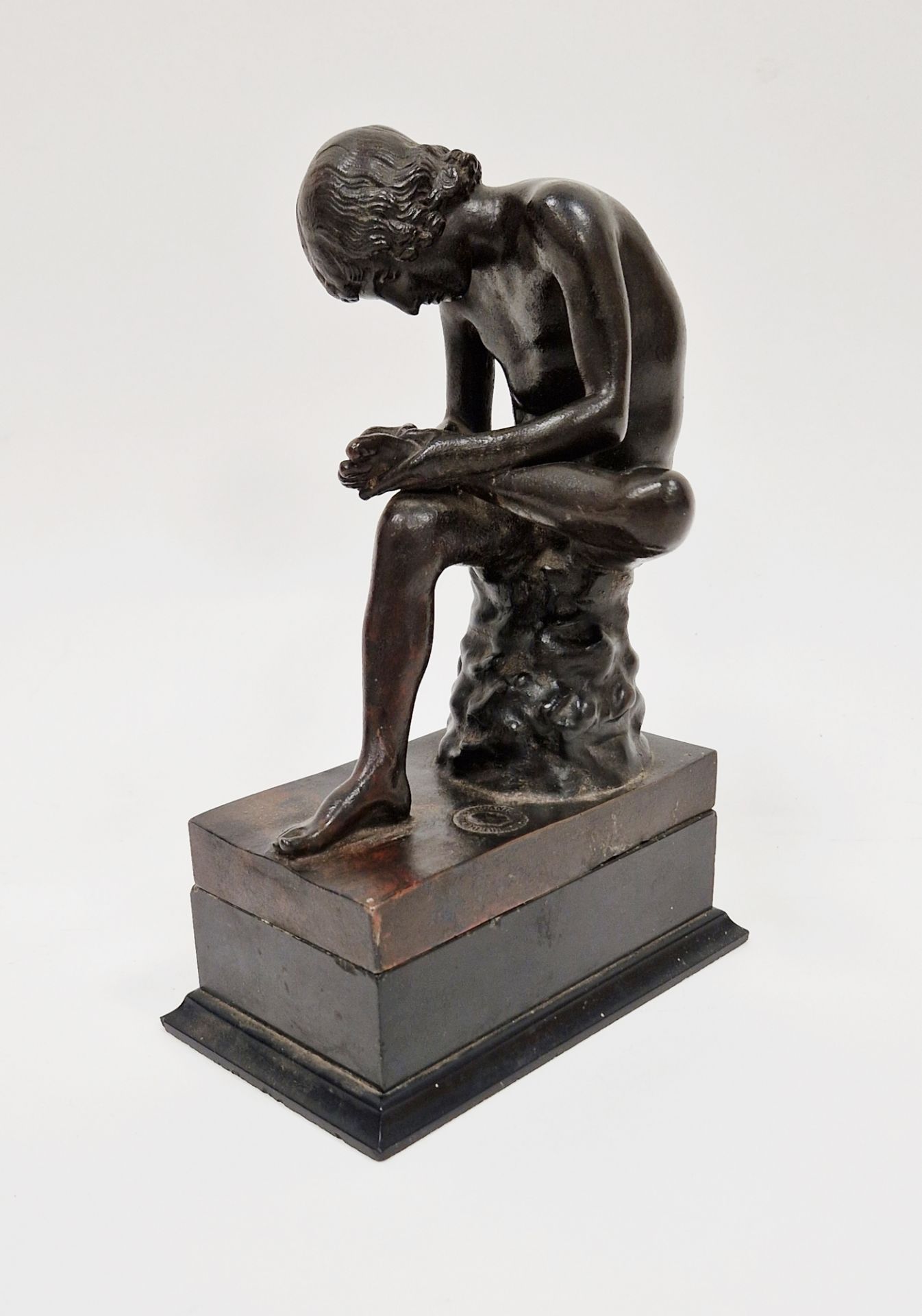 Bronze figure of a seated young nude male , looking at the sole of his left foot, blindstamp foundry - Image 4 of 6