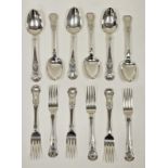 Matched set of six pairs of Victorian Scottish silver dessert spoons and forks, kings pattern, all