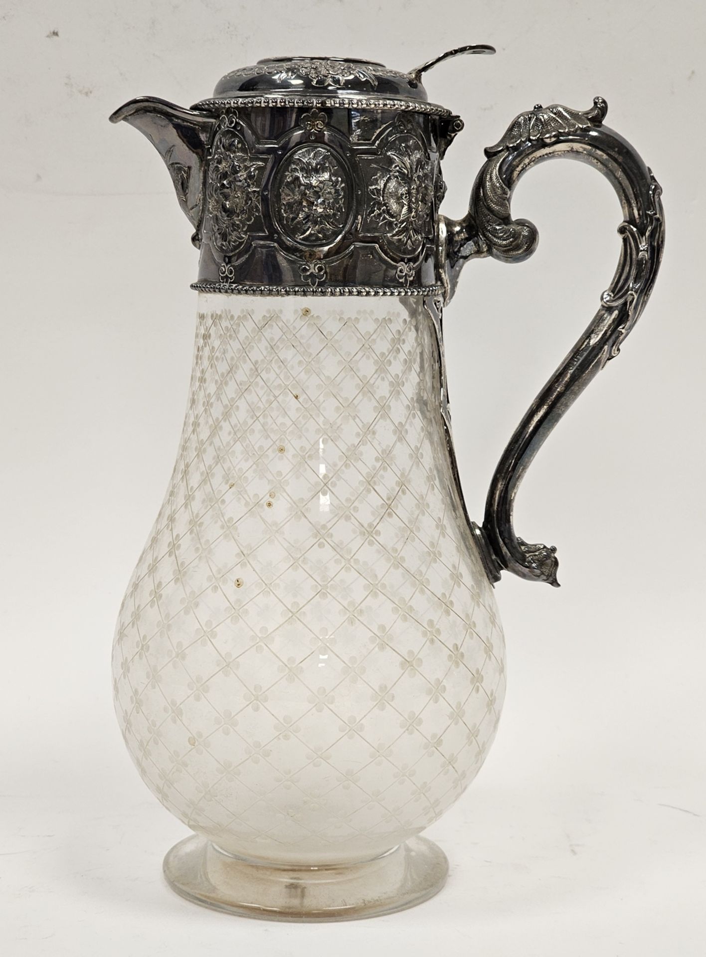 A mid Victorian silver and cut glass claret jug, the circular hinged cover engraved with family - Image 2 of 3