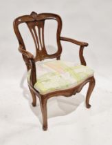 19th century mahogany armchair with pierced splat, upholstered seat, on cabriole legs, 86cm high