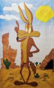 Animation cel featuring Wile E. Coyote overlaid on a painted background, both signed 'Jimbo',