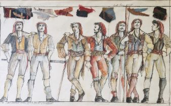 Theatre costume designs for 'The Gondoliers' and 'The School for Scandal' by the same artist,