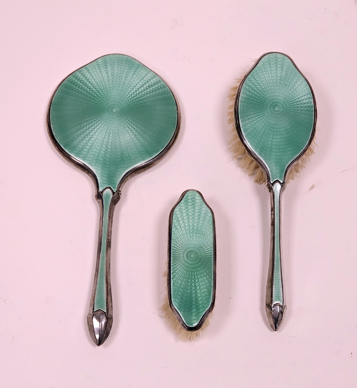 Art Deco silver and green guilloche enamel dressing table set, hallmarked Birmingham, 1930, makers