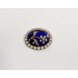 Victorian enamel, diamond and pearl mourning brooch, oval, the blue enamel with old cut diamond