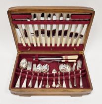 Oak cased canteen of EP flatware for six, including knives, forks, spoons and carving set