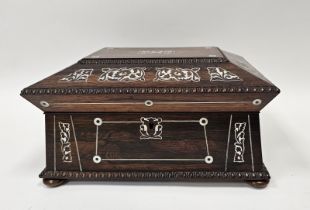 Sarcophagus-shaped mahogany jewellery box, all over inlaid with mother-of-pearl floral decoration,